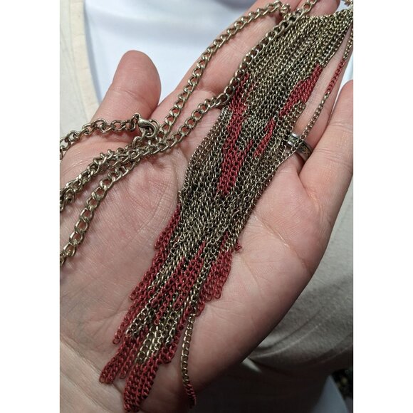 Bohemian Fringe Chain Necklace Red And Silver Tone - Picture 6 of 10